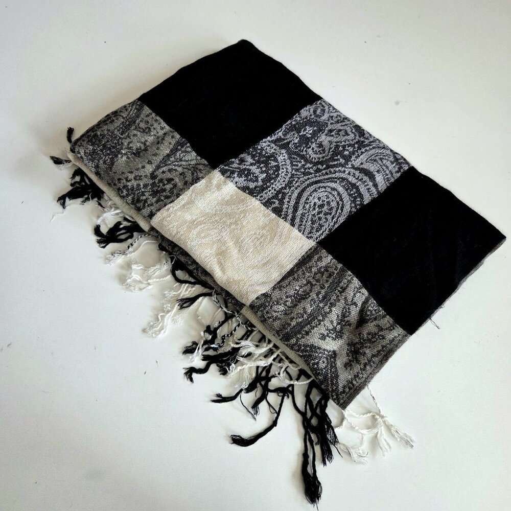 Cashmere blend black white and gray scarf.